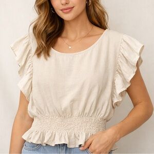 Cupcakes & Cashmere Linen Cream Ruffle Sleeves Smocked Waist Blouse Medium NWOT